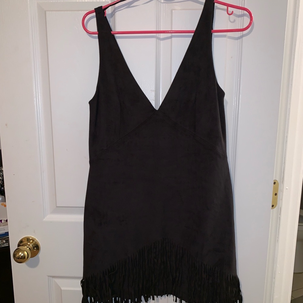 Zara v neck faux suede fringe dress